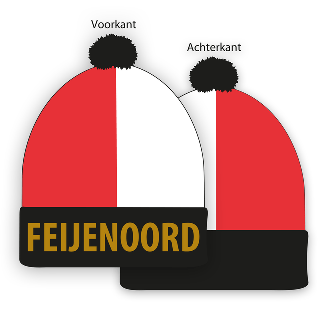 Klassieke Feijenoord muts – Rood/Wit met zwarte omslag en pompon
